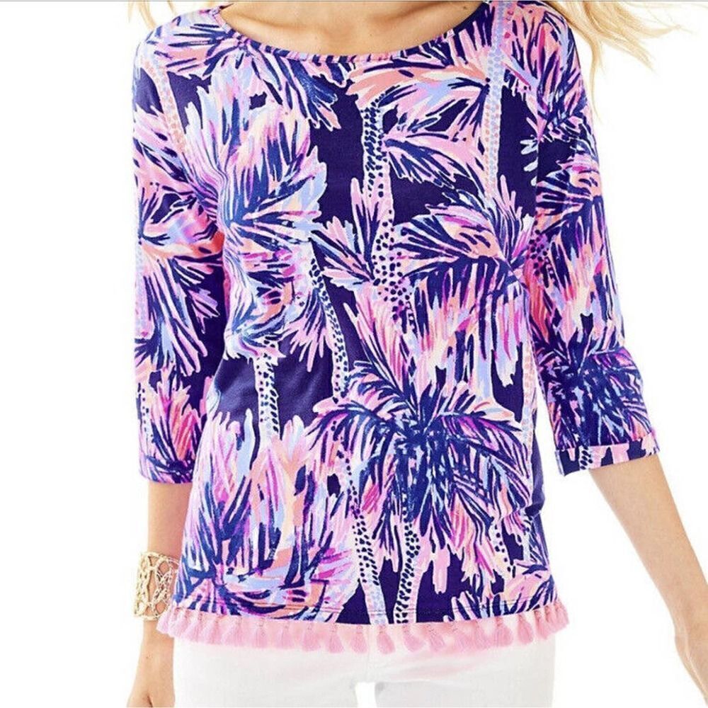 Lilly Pulitzer Mercer Top in Bright Navy Palms Up Reduced Tassel Blue Pink - XXS